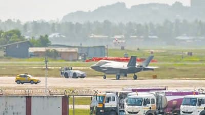 A British Royal Navy fighter jet being moved to a designated facility at the Kerala airport in Thiruvananthapuram on Sunday (PTI)