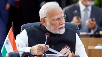Prime Minister Narendra Modi addresses the session on ‘Peace and Security and Reform of Global Governance’ at the 17th BRICS Summit, in Rio de Janeiro, Brazil. (DPR PMO ) Prime Minister Narendra Modi addresses the session on ‘Peace and Security and Reform of Global Governance’ at the 17th BRICS Summit, in Rio de Janeiro, Brazil. (DPR PMO )