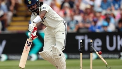 KL Rahul started the day by notching up his half-century, but it would take some brutal fast-bowling from Josh Tongue to beat his defences and send his stumps cartwheeling in dramatic fashion on 55. (AP) KL Rahul started the day by notching up his half-century, but it would take some brutal fast-bowling from Josh Tongue to beat his defences and send his stumps cartwheeling in dramatic fashion on 55. (AP)