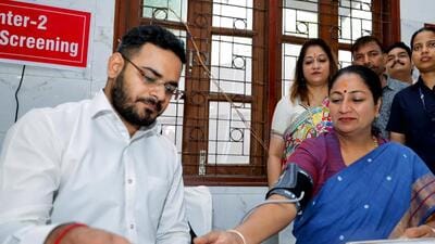 CM Rekha Gupta during inspection of the mega blood donation camp organized at Anand Viharon Sunday. (Rekha Gupta - X) CM Rekha Gupta during inspection of the mega blood donation camp organized at Anand Viharon Sunday. (Rekha Gupta - X)