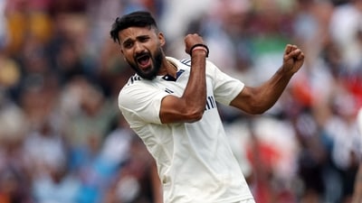 India's Akash Deep celebrates after taking the LBW wicket of England's Harry Brook (Action Images via Reuters)