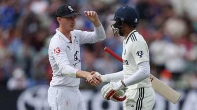 England's centurion from their innings, Harry Brook, shakes hands with Gill after his innings. There was some chirping and friendly banter between the pair, but all in good spirit. (Action Images via Reuters)
