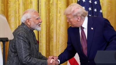 US President Donald Trump and Prime Minister Narendra Modi shake hands as they attend a joint press conference at the White House in Washington, D.C. on February 13, 2025. (REUTERS)