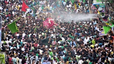 Lakhs taking part in the processions on the 10th day of Muharram in Old City areas of Prayagraj on Saturday (Anil Kumar Maurya/HT) Lakhs taking part in the processions on the 10th day of Muharram in Old City areas of Prayagraj on Saturday (Anil Kumar Maurya/HT)