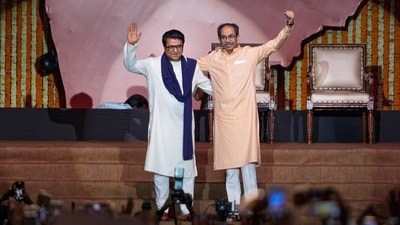 Maharashtra Navnirman Sena (MNS) chief Raj Thackeray, left, and Shiv Sena (UBT) chief Uddhav Thackeray during a joint victory rally, titled 'Awaj Marathicha', organised by the cousins, at Worli area, in Mumbai, Maharashtra, Saturday, July 5, 2025. (PTI) Maharashtra Navnirman Sena (MNS) chief Raj Thackeray, left, and Shiv Sena (UBT) chief Uddhav Thackeray during a joint victory rally, titled 'Awaj Marathicha', organised by the cousins, at Worli area, in Mumbai, Maharashtra, Saturday, July 5, 2025. (PTI)