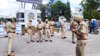 Police personnel stand guard during a protest in Patiala. (Representational Image/ANI) Police personnel stand guard during a protest in Patiala. (Representational Image/ANI)