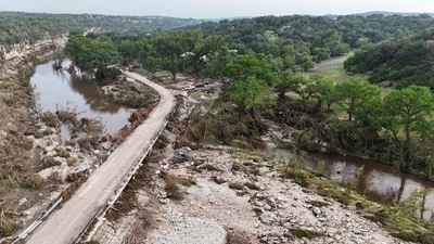 A drone view shows the Guadalupe River and damage from flooding near Camp Mystic in Hunt, Texas. (REUTERS/Evan Garcia)