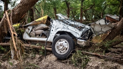 A vehicle sits wrecked after deadly flooding in Kerr County, Texas, U.S., July 5, 2025. (REUTERS/Sergio Flores)