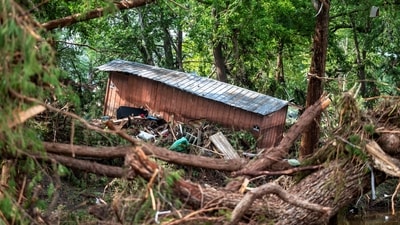 A shed has been displaced after deadly flooding in Kerr County. (REUTERS/Sergio Flores)