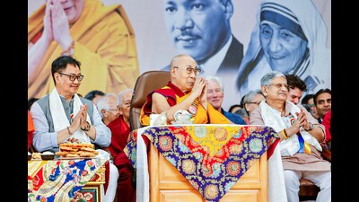Union ministers Kiren Rijiju, Rajiv Ranjan and others during Tibetan Spiritual leader Dalai Lama's 90th birth anniversary celebrations, at Dharamshala, on Sunday. (ANI) Union ministers Kiren Rijiju, Rajiv Ranjan and others during Tibetan Spiritual leader Dalai Lama's 90th birth anniversary celebrations, at Dharamshala, on Sunday. (ANI)