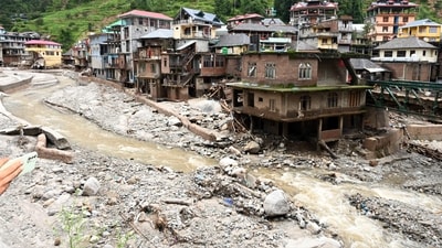 A view of the destruction caused by cloudbursts, in Mandi on Saturday. (ANI) A view of the destruction caused by cloudbursts, in Mandi on Saturday. (ANI)