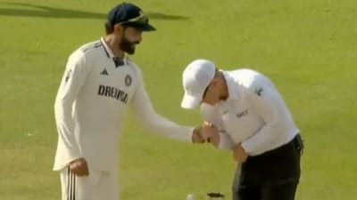 Ravindra Jadeja shares a moment with umpire Chris Gaffaney, poking him in the ribs while having some fun late on day 4 in Birmingham. (Screengrab) Ravindra Jadeja shares a moment with umpire Chris Gaffaney, poking him in the ribs while having some fun late on day 4 in Birmingham. (Screengrab)