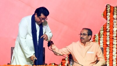 Shiv Sena (UBT) Chief Uddhav Thackeray, with his brother and Maharashtra Navnirman Sena (MNS) Chief Raj Thackeray, in Mumbai on Saturday. (ANI) Shiv Sena (UBT) Chief Uddhav Thackeray, with his brother and Maharashtra Navnirman Sena (MNS) Chief Raj Thackeray, in Mumbai on Saturday. (ANI)
