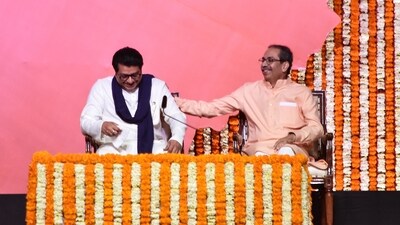 Shiv Sena (UBT) chief Uddhav Thackeray, with his brother and Maharashtra Navnirman Sena (MNS) Chief Raj Thackeray, during a joint rally in Mumbai's Worli (ANI) Shiv Sena (UBT) chief Uddhav Thackeray, with his brother and Maharashtra Navnirman Sena (MNS) Chief Raj Thackeray, during a joint rally in Mumbai's Worli (ANI)
