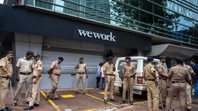 Mumbai Police deployed security outside Sushil Kedia’s Worli office after MNS party workers attacked the premises in Mumbai, India, on Saturday, July 5. (Satish Bate/ Hindustan Times)