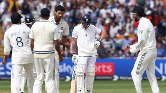 England captain Ben Stokes was left shell-shocked after he lost his wicket to Washington Sundar in the first session on Day 5. He was caught plumb in front right on the cusp of the lunch break. Stokes departed after scoring 33.&nbsp;(AFP)