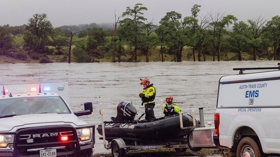 Members of Task Force 1 deploy boats along the Guadalupe River in the wake of a destructive flooding event in Kerrville.(AP)