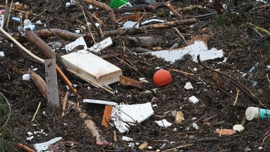 Debris is left behind by a raging Guadalupe River, Friday, July 4, 2025, in Kerrville, Texas.(AP Photo/Eric Gay)