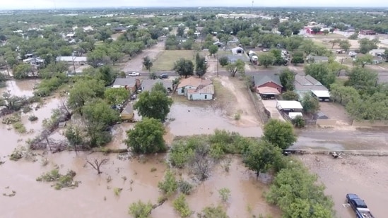A drone view shows fallen trees, as a result of flash flooding, in Comfort, Texas.(REUTERS/Marco Bello)