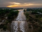 In an aerial view, the sun sets over the Guadalupe River on July 06, 2025 in Kerrville, Texas. In an aerial view, the sun sets over the Guadalupe River on July 06, 2025 in Kerrville, Texas.
