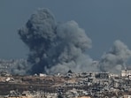Smoke rises in Gaza after an explosion, as seen from the Israeli side of the Israel-Gaza border, July 7, 2025.