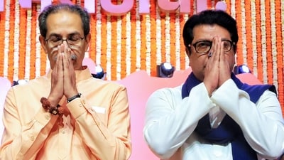 Shiv Sena UBT chief Uddhav Thackeray, with his brother and MNS Chief Raj Thackeray, greets during a joint rally in Mumbai (@ShivSenaUBT_ X) Shiv Sena UBT chief Uddhav Thackeray, with his brother and MNS Chief Raj Thackeray, greets during a joint rally in Mumbai (@ShivSenaUBT_ X)