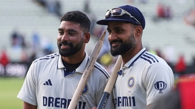 Akash Deep and Mohammed Siraj take a picture together with stumps to commemorate a fine pair of bowling performances at Edgbaston in Birmingham. (AP) Akash Deep and Mohammed Siraj take a picture together with stumps to commemorate a fine pair of bowling performances at Edgbaston in Birmingham. (AP)