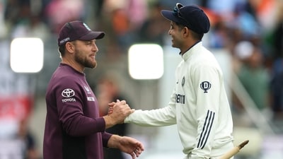 England head coach Brendon McCullum shakes hands with India captain Shubman Gill after the match. (Action Images via Reuters)