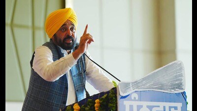 Chief minister Bhagwant Mann addressing a gathering during a rally in Ludhiana on Monday. (HT) Chief minister Bhagwant Mann addressing a gathering during a rally in Ludhiana on Monday. (HT)