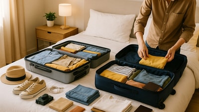 A modern traveller compares a hard case trolley bag and a soft case suitcase, ready to pack for the next big trip. A modern traveller compares a hard case trolley bag and a soft case suitcase, ready to pack for the next big trip.