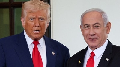 US President Donald Trump welcomes Israeli Prime Minister Benjamin Netanyahu at the entrance of the White House in Washington, D.C. (Reuters)