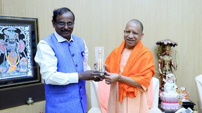 ISRO chairman Dr V Narayanan meeting Uttar Pradesh chief minister Yogi Adityanath in Lucknow on Monday. (SOURCED IMAGE)