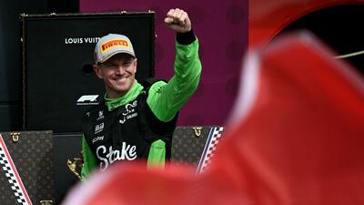 Kick Sauber's German driver Nico Hulkenberg celebrates coming third in the podium positions during the British Grand Prix. (AFP) Kick Sauber's German driver Nico Hulkenberg celebrates coming third in the podium positions during the British Grand Prix. (AFP)