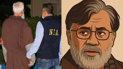 (Left) Tahawwur Hussain Rana was handed over to a team of the National Investigation Agency (NIA) and brought to Delhi; (right) an illustration of Tahawwur Hussain Rana. (AFP and ChatGPT) (Left) Tahawwur Hussain Rana was handed over to a team of the National Investigation Agency (NIA) and brought to Delhi; (right) an illustration of Tahawwur Hussain Rana. (AFP and ChatGPT)