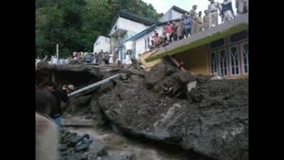 The intense rainfall triggered a surge in water levels, landslide-like conditions and flash floods in the area this evening, they said, adding that the Loran road was blocked. (HT representative)