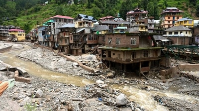 Debris and silt near damaged houses at a flood-affected area, in Mandi district, as Himachal Pradesh continues to witness heavy rains. (PTI) Debris and silt near damaged houses at a flood-affected area, in Mandi district, as Himachal Pradesh continues to witness heavy rains. (PTI)