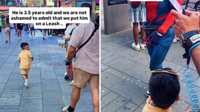 The Indian mom explained that the leash allowed their energetic toddler to explore the city while staying close. (Instagram/katchmyparty) The Indian mom explained that the leash allowed their energetic toddler to explore the city while staying close. (Instagram/katchmyparty)