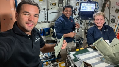 Ax-4 Mission Specialist Tibor Kapu takes a selfie with Commander Peggy Whitson and Pilot Shubhanshu Shukla while they enjoy a meal aboard the International Space Station. (@Axiom_Space/X) Ax-4 Mission Specialist Tibor Kapu takes a selfie with Commander Peggy Whitson and Pilot Shubhanshu Shukla while they enjoy a meal aboard the International Space Station. (@Axiom_Space/X)