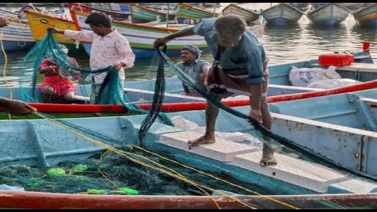 Fishermen busy untangling their fishing nets on boats (HT PHOTO)