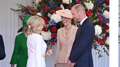 Brigitte Macron speaks to Britain's Prince William, Prince of Wales and Britain's Catherine, Princess of Wales while standing next to Britain's Queen Camilla during a welcoming ceremony at Datchet Road in Windsor, west of London, United Kingdom on July 8, 2025. Eliot Blondet/Pool via REUTERS (via REUTERS)