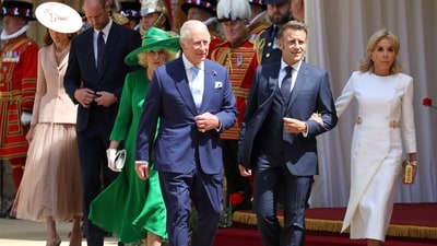 Britain's Catherine, Princess of Wales, Britain's Prince William, Prince of Wales, Britain's Queen Camilla, Britain's King Charles III, France's President Emmanuel Macron and his wife Brigitte Macron leave after a ceremonial welcome at Windsor Castle, in Windsor west of London, on July 8, 2025, on the first day of a three-day state visit of France's President Macron to Britain.  LUDOVIC MARIN/Pool via REUTERS (via REUTERS)