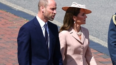 Kate Middleton and Prince William arrived at RAF Northolt on July 8 to greet French President Emmanuel Macron and his spouse, Brigitte, as they began their state visit to the United Kingdom. (AFP) Kate Middleton and Prince William arrived at RAF Northolt on July 8 to greet French President Emmanuel Macron and his spouse, Brigitte, as they began their state visit to the United Kingdom. (AFP)