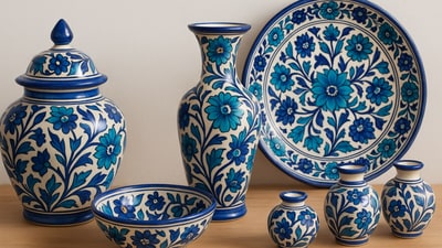 A curated display of Jaipur blue pottery, blending traditional craftsmanship with modern appeal, perfect for adding charm to any space. (AI generated) A curated display of Jaipur blue pottery, blending traditional craftsmanship with modern appeal, perfect for adding charm to any space. (AI generated)