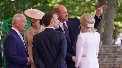 Britain's King Charles III and Queen Camilla as well as Kate, Princess of Wales and Prince William welcome French President Emmanuel Macron and his wife Brigitte to Windsor Castle in Windsor, England, Tuesday, July 8, 2025.(AP Photo/Alberto Pezzali, Pool) (AP) Britain's King Charles III and Queen Camilla as well as Kate, Princess of Wales and Prince William welcome French President Emmanuel Macron and his wife Brigitte to Windsor Castle in Windsor, England, Tuesday, July 8, 2025.(AP Photo/Alberto Pezzali, Pool) (AP)