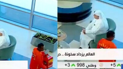 A viral clip of a food delivery man walking into a live news programme in Kuwait sparked mixed reactions online. (@ADM_3DM/ X) A viral clip of a food delivery man walking into a live news programme in Kuwait sparked mixed reactions online. (@ADM_3DM/ X)