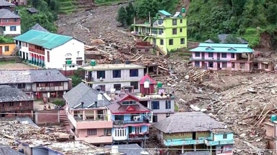 A view of damaged structures and debris in the aftermath of flash floods triggered by cloudburst in Himachal Pradesh (ANI) A view of damaged structures and debris in the aftermath of flash floods triggered by cloudburst in Himachal Pradesh (ANI)