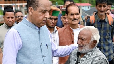 Leader of the Opposition in the Himachal Pradesh Assembly Jai Ram Thakur listens to the grievances of an elderly man during his visit to cloudburst-affected in Mandi. (ANI) Leader of the Opposition in the Himachal Pradesh Assembly Jai Ram Thakur listens to the grievances of an elderly man during his visit to cloudburst-affected in Mandi. (ANI)