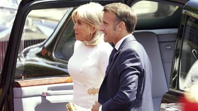 French President Emmanuel Macron and his wife Brigitte arrive at Windsor Castle to be welcomed by Britain’s King Charles III and Queen Camilla in Windsor, England, Tuesday, July 8, 2025.(AP Photo/Alberto Pezzali, Pool) (AP) French President Emmanuel Macron and his wife Brigitte arrive at Windsor Castle to be welcomed by Britain’s King Charles III and Queen Camilla in Windsor, England, Tuesday, July 8, 2025.(AP Photo/Alberto Pezzali, Pool) (AP)