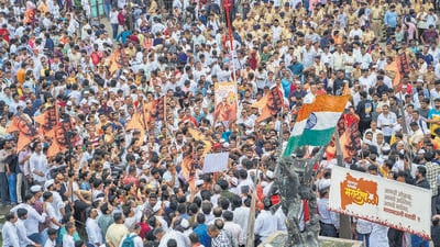 Mumbai, India - July 08, 2025: MNS party workers had called the protest to counter a stir organised by traders after a local shop owner was recently thrashed by MNS workers for refusing to speak in Marathi at Mira-Bhayandar in Thane near Mumbai, India, on Wednesday, June 18, 2025. (Photo by Satish Bate/ Hindustan Times) (Hindustan Times) Mumbai, India - July 08, 2025: MNS party workers had called the protest to counter a stir organised by traders after a local shop owner was recently thrashed by MNS workers for refusing to speak in Marathi at Mira-Bhayandar in Thane near Mumbai, India, on Wednesday, June 18, 2025. (Photo by Satish Bate/ Hindustan Times) (Hindustan Times)