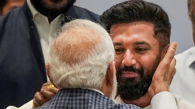 Chirag Paswan getting a hug from PM Narendra Modi (back to the camera) at a recent NDA meeting in Delhi. (PTI File) Chirag Paswan getting a hug from PM Narendra Modi (back to the camera) at a recent NDA meeting in Delhi. (PTI File)